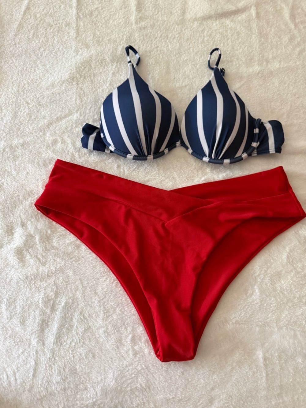 New Shein Patriotic Blue Striped Red 2pc Bikini Set XL NWOT- Flaw